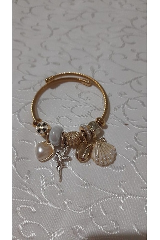 Uzel Sarı Gold Model Incili Deniz Kabuğu Charmlı Çelik Bileklik Beyaz