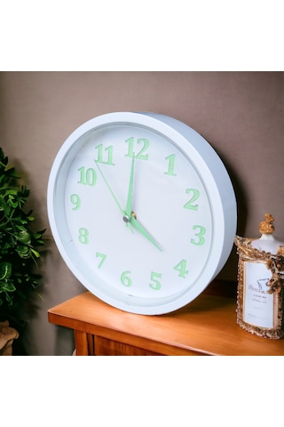 Fosforlu Gece Parlayan Beyaz Salon Mutfak Ofis Duvar Saati 22 Cm Beyaz