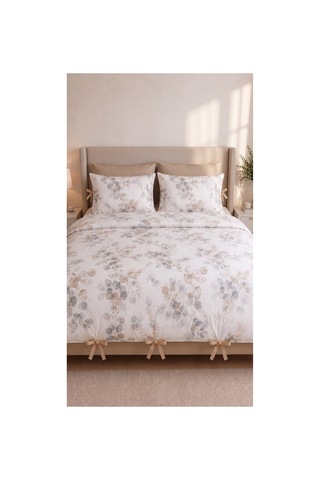 %100 Pamuk Çift Kişilik Okaliptüs Desenli Nevresim Seti 220x200 Cm Bağcıklı 2 Desenli + 2 Düz Beyaz Yastık Kılıfı Bej - 909842495 Bej