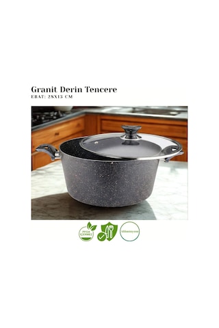 28 Cm Granit Derin Tencere Cam Kapak - Siyah Siyah