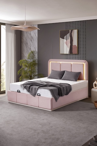 Demonte Baza Seti, Nox Ledli Çift Kişilik Baza Başlık Seti - İkili Set, Pembe - 160x200 Cm 160 x 200