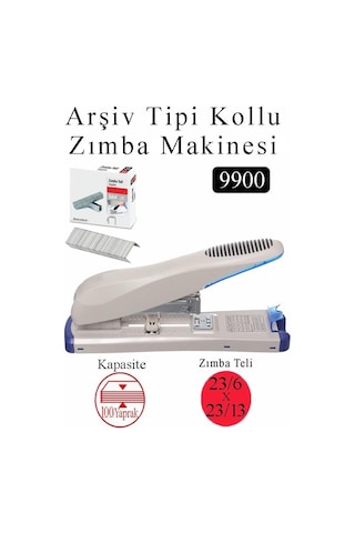 Büyük Boy Zımba Makinesi 1 Adet 9900 Arşiv Tipi Zımba Makinası 100 Yaprak Kapasiteli Zımba Teli Hediyeli Kollu Z