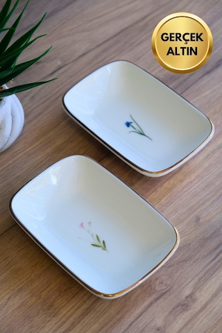 Tabak Evi Porselen Natura Karma Altın Yaldızlı Dikdörtgen Kayık Tabak 14x9,8cm 2 Parça Çok Renkli