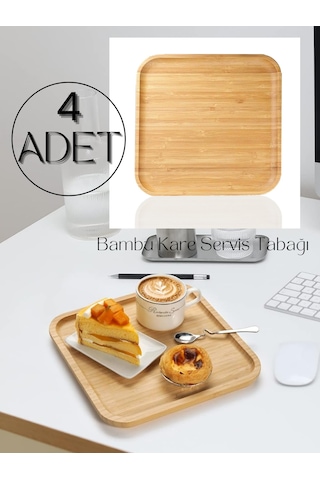 4 Adet Bambu Kare Servis Tabağı, Sunum Seti 20x20 Cm Kahverengi