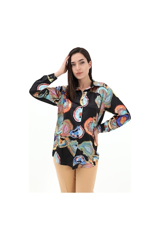 Desenli Saten Gömlek - Siyah-siyah Siyah