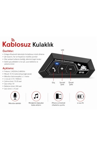 Bt22 Motorsiklet Kaskı İntercom Bluetooth Kulaklık Su Geçirmez Mikrofon Dahil Her Kask Tipine Uygun Bluetooth 5.0 Müzik Mikrofon Çağrı