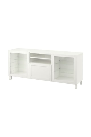 Tv Sehpası, Beyaz-şeffaf Cam, 180x42x74 Cm, Hanvıken/sındvık, Çıt Çıt Raylı Beyaz