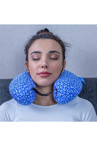 SimpleThePillow Visco Seyahat Yastığı Araba Uçak Otobüs Taşıt İçi Yolculuk Yastığı Ortopedik Yastık Desenli Mavi 31*27*10