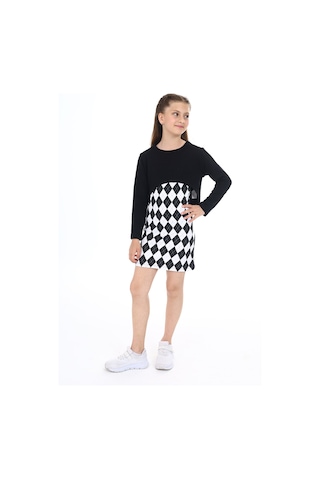 Toontoy Kız Çocuk 2'li Takım Baskılı Regular Fit Kare Yaka Askılı Elbise & Bisiklet Yaka Uzun Kollu Asimetrik Sweatshirt Siyah