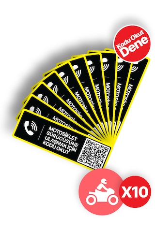 Meo 10'lu Paket - Motosiklet Numaratörü - Dıştan Yapıştırma - Qr Kodlu Numaratör Yatay Etiket Sarı Siyah