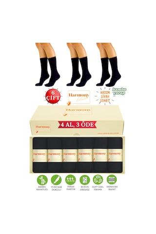 Harmony Collectıon Bambu Kadın Siyah Uzun Soket Çorap 6 Çift Özel Kutulu, Burun Dikişsiz, Premıum Socks