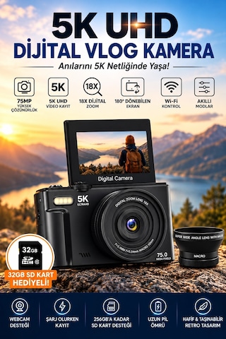 5k 75mp 18x Zoom Flaşlı 3 Flip Ekranlı Türkçe 32gb Kart Dijital Vlog Fotoğraf Makinesi Lens Hediyeli Diğer
