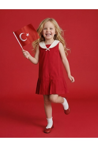Koton Pamuklu Kolsuz Bebe Yaka A Kesim Pileli Elbise Kırmızı 6smg80090aw