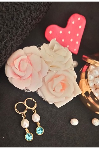 24k Altın Kaplama Gerçek İnci Zirkon Taşlı Mavi Tasarım Küpe Mavi Gold