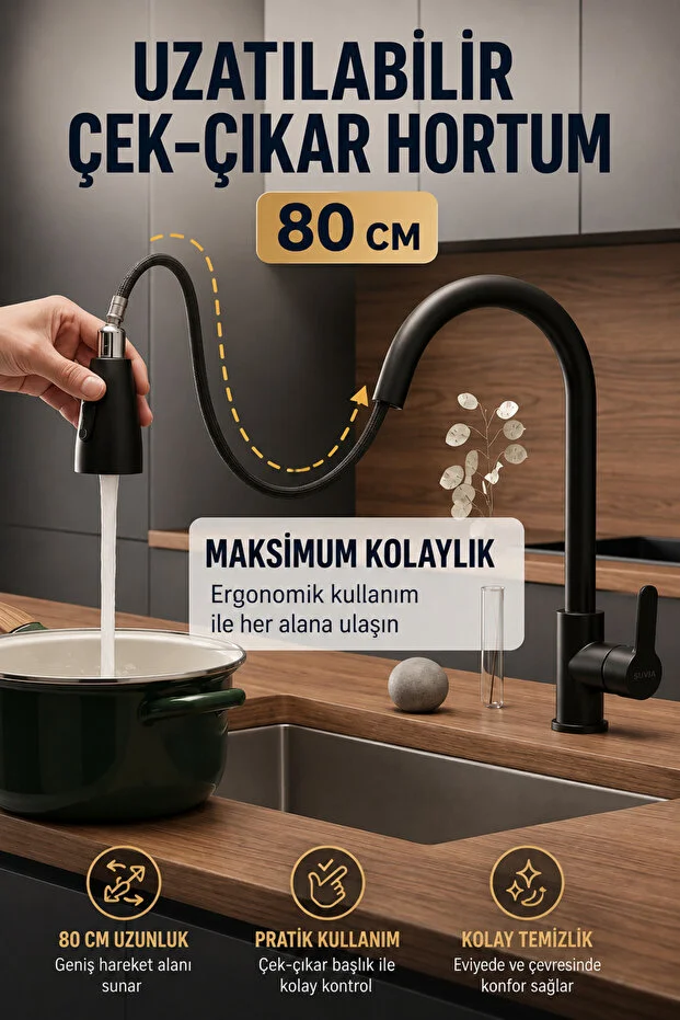 Mutfak Bataryası 3 Fonksiyonlu 360 Döner Uzatmalı Çekilebilir Başlıklı Evye Musluğu Siyah