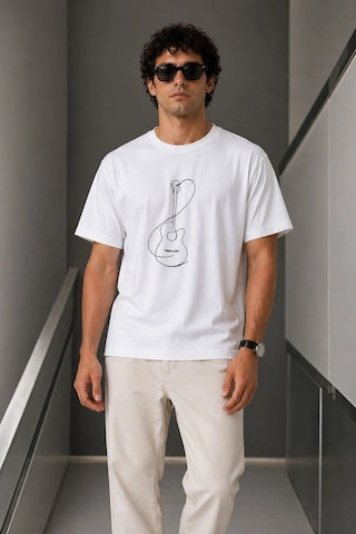 Barlashive Erkek Minimal Gitar Baskılı Tişört T-shirt Yazlık Kısa Kol Bisiklet Yaka T-shirt - Beyaz Çok Renkli