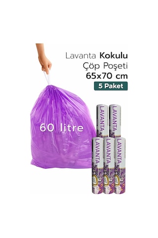 5 Paket Çok Avantaj Paket Mega Boy Lavanta Kokulu Büzgülü Çöp Poşeti 50 Adet Çöp Torbası 60 Lt