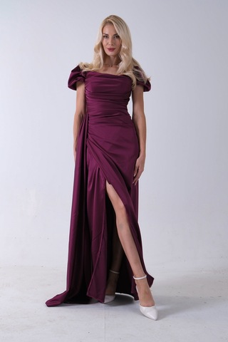 Feminist Mürdüm Drape Detaylı Saten Kumaş Abiye Elbise 9704858