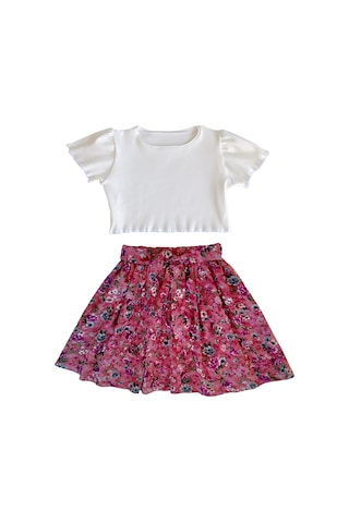 Çocuk Etekli Crop Takım, Çiçekli Koyu Gülkurusu Etek - Ekru Crop Ekru-gulkurusu2 Ekru - Gülkurusu