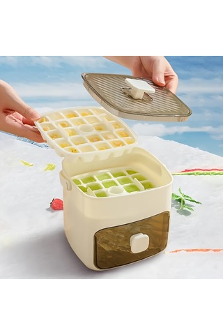 Taşınabilir İtmeli Buz Tepsisi Buz Küpü Kalıbı Çekmeceli Çok Katmanlı Ev Tipi Buz Kutusu Çok Amaçlı Buz Makinesi Beyaz