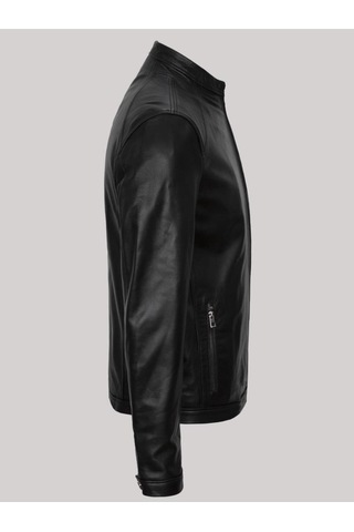 Hakiki Kuzu Derisi Siyah Erkek Deri Mont Düz Kesim Cepleri Fermuarlı Deri Ceket Siyah