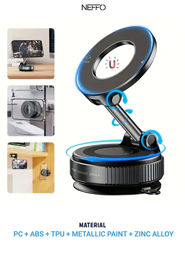 Araç İçi /her Yerde Kullanılabilen Magsafe Kilitli Vakum Telefon Tutucu 360 + 2adet Metal Halka Siyah
