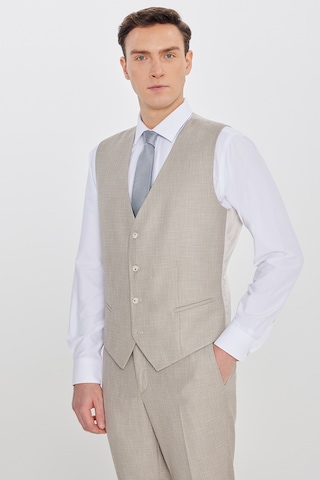 Ac&co Erkek Bej Slim Fit Dar Kesim Kırlangıç Yaka Kapak Cepli Çizgili Takım Elbise