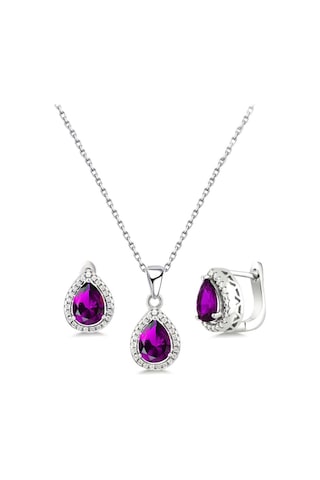 Brezza Lusso Jewelry 925 Ayar Damla Model Ametist Taşlı Gümüş Kadın Kolye Küpe Seti