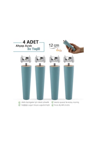 4 Adet Ahşap Ayak 12 Cm Su Yeşili M8 Civatalı Bağlantı Aparatlı Dolap Mobilya Koltuk Kanepe Destek Ayağı Ayakları Yeşil