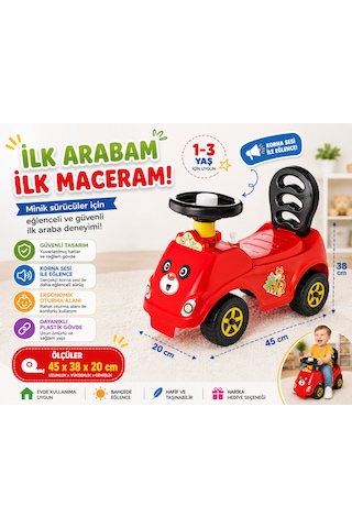Korna Sesli İlk Arabam Panda Desenli Çocuk Binmeli Oyuncak Araba 45x38x20 Cm 1-3 Yaş Kırmızı