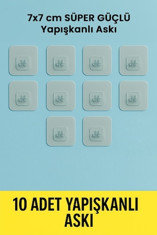 10 Adet 7x7cm Yedek Süper Güçlü Yapışkanlı Askı, 20kg Banyo - Mutfak Raf Tutucu Sticker, Delmesiz Şeffaf