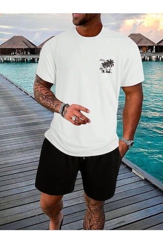 Palmiye T-shirt - Beyaz Baskılı Oversize Bisiklet Yaka Kısa Kol Tişört Beyaz