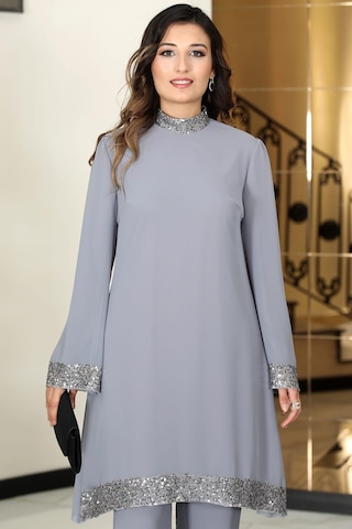 Umay Şifon Tunik Pantolon İkili Tesettür Takım Gri Gri