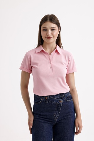 Sweetness Kadın Pembe Gömlek Yaka Kısa Kol Pamuklu Tişört Pembe