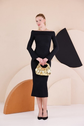 Madonna Yaka Dar Kalıp Uzun Kollu Elbise Siyah