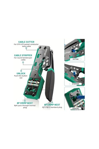 Xuweiwei Zoerax Yeşil Rj45 Ethernet Sıkma Aracı Metal Saplı Ağ Kablosu Soyucu Kesici Rj11 Rj12 Rj45 Konnektörler İçin