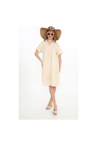 Yarım Kol V Yaka Keten Elbise-9164 Bej