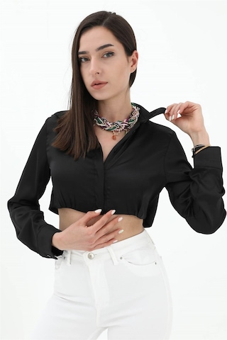 Beli Lastikli Saten Gömlek - Siyah-siyah Siyah