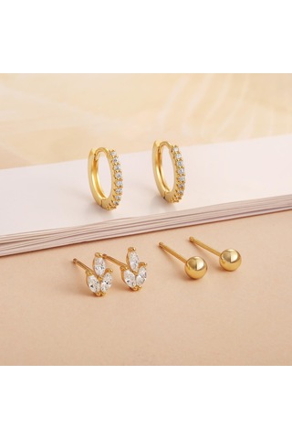 Kangvka Kadınlar İçin 14k Altın Kaplama Zirkon Taşlı Çok Stilde Küpe Ve Tırnak Küpe Seti - 3 Çift Paket Gold