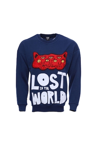 Wessi Lacivert Baskılı Desenli Bisiklet Yaka Sweatshirt Lacivert