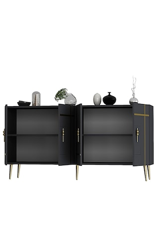 Honest Konsol Tv Sehpası Çok Amaçlı Dolap 150 Cm Antrasit Altın