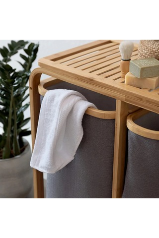 Kirli Çamaşır Sepeti Ahşap - Bambu 3 Organizer Bölmeli Kumaş Çantalı 50x30x70cm Bx40 Çok Renkli
