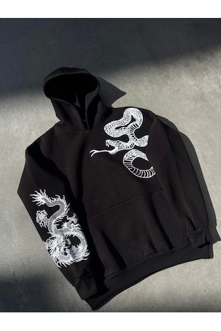 İkales Uzun Kol Kapşonlu Baskılı Sweatshirt - Siyah