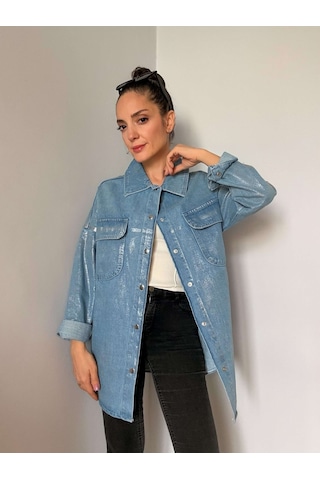 Ali Butik Mavi Renk Gümüş Varaklı Denim Oversize Gömlek Mavi