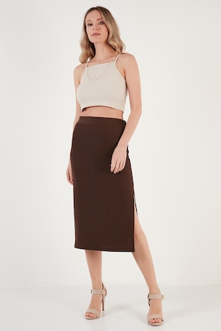 Lela Yüksek Bel Yırtmaçlı Dar Kesim Midi Bayan Etek 5865600 Kahve