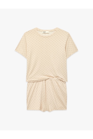 Koton Puantiyeli Rahat Kalıp Kısa Kollu Bisiklet Yaka Şortlu Pijama Takımı Bej Desenli 7wlk40114mk Ekru