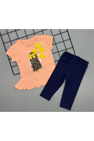 Poppy Trend Kız Çocuk Baskılı Tişört Ve Taytlı İkili Gündelik Takım 2-5 Yaş Somon
