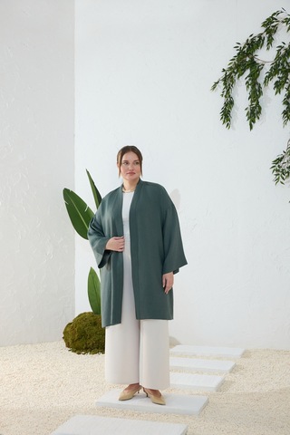 Aker Zümrüt Dökümlü Keten Kimono Zümrüt Zümrüt