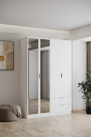 Evdemo Yakut Aynalı 4 Kapaklı 2 Çekmeceli Gardırop 210 Cm Beyaz