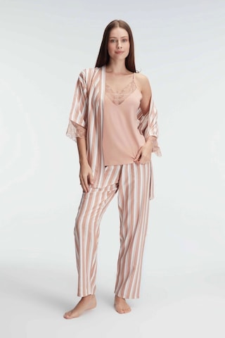 Anıl 5821 İp Askılı V Yaka Kadın Viskon Çizgili Desenli Yazlık Örme Sabahlıklı Pijama Takım Kahve